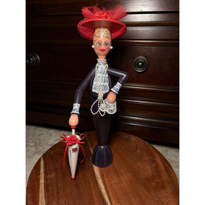 Red Hat Lady Wooden Folk Art Figurine